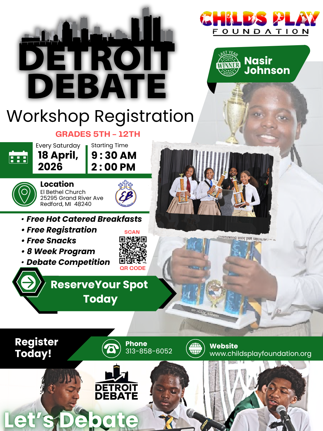 Detroit Debate Workshop Registration flyer — Grades 5th through 12th, Every Saturday starting April 18, 2026, at El Bethel Church