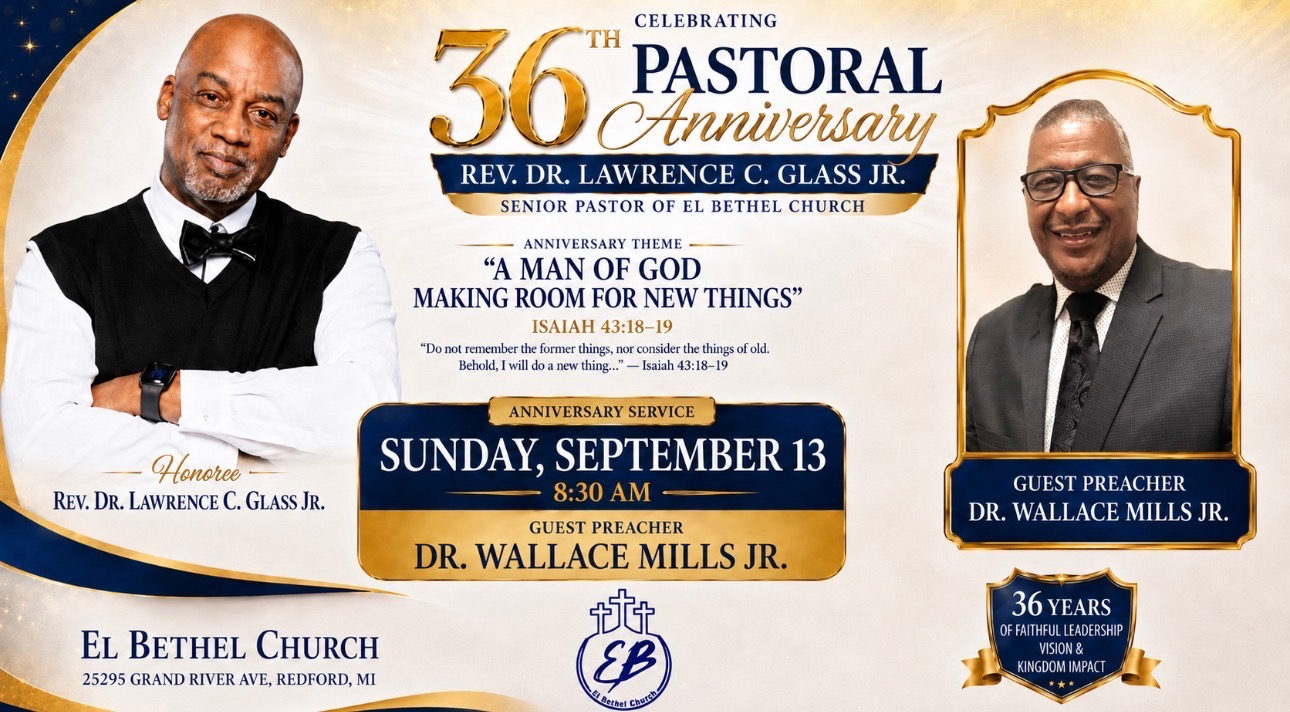 36th Pastoral Anniversary flyer for Rev. Dr. Lawrence C. Glass Jr. — Anniversary Service Sunday, September 13 at 8:30 AM with guest preacher Dr. Wallace Mills Jr. at El Bethel Church