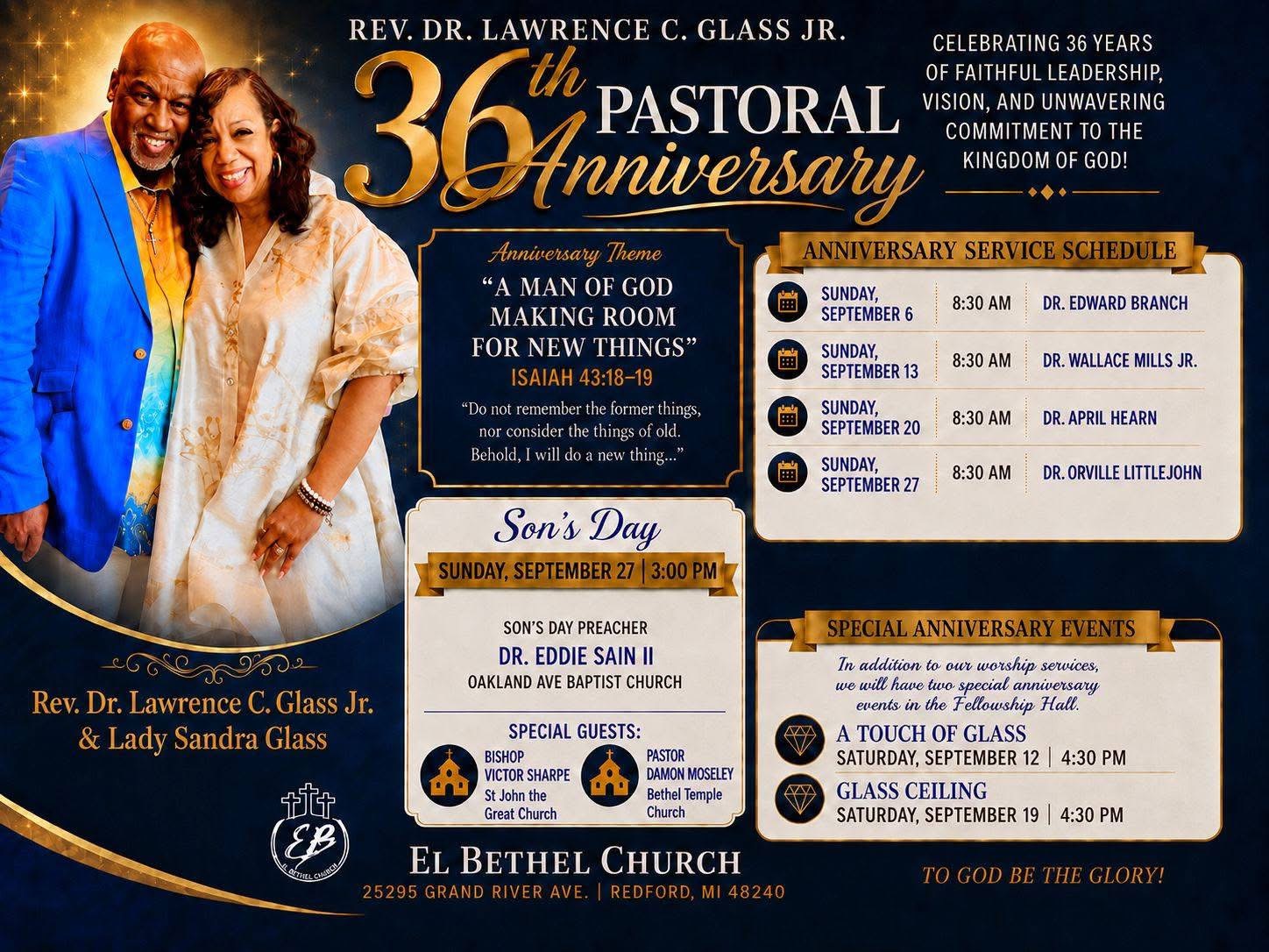 36th Pastoral Anniversary flyer for Rev. Dr. Lawrence C. Glass Jr. and Lady Sandra Glass, listing the September 2026 service schedule, Son's Day, and special events