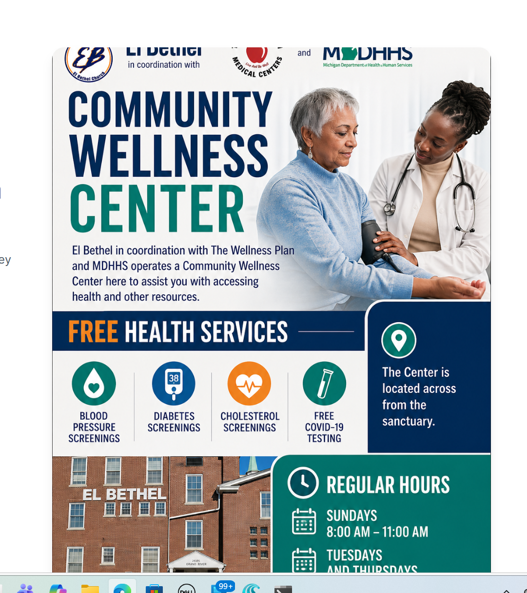 Neighborhood Wellness Centers program flyer showing services and hours at El Bethel Baptist Church